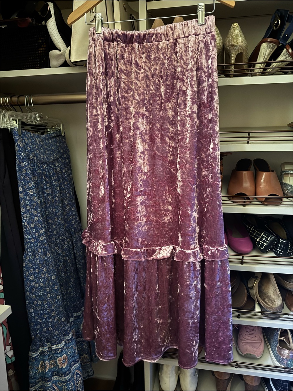 Jacqui E Mauve Pink Crushed Velvet Maxi Skirt with Ruffle Trim